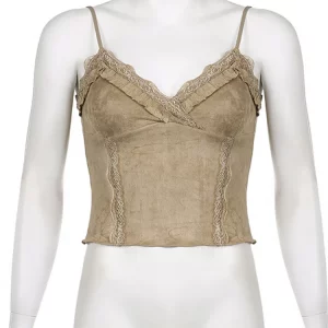 Y2K Lace Mini Vest Spaghetti Strap Crop Top - Khaki Vintage Chic Camis