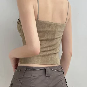 Y2K Lace Mini Vest Spaghetti Strap Crop Top - Khaki Vintage Chic Camis