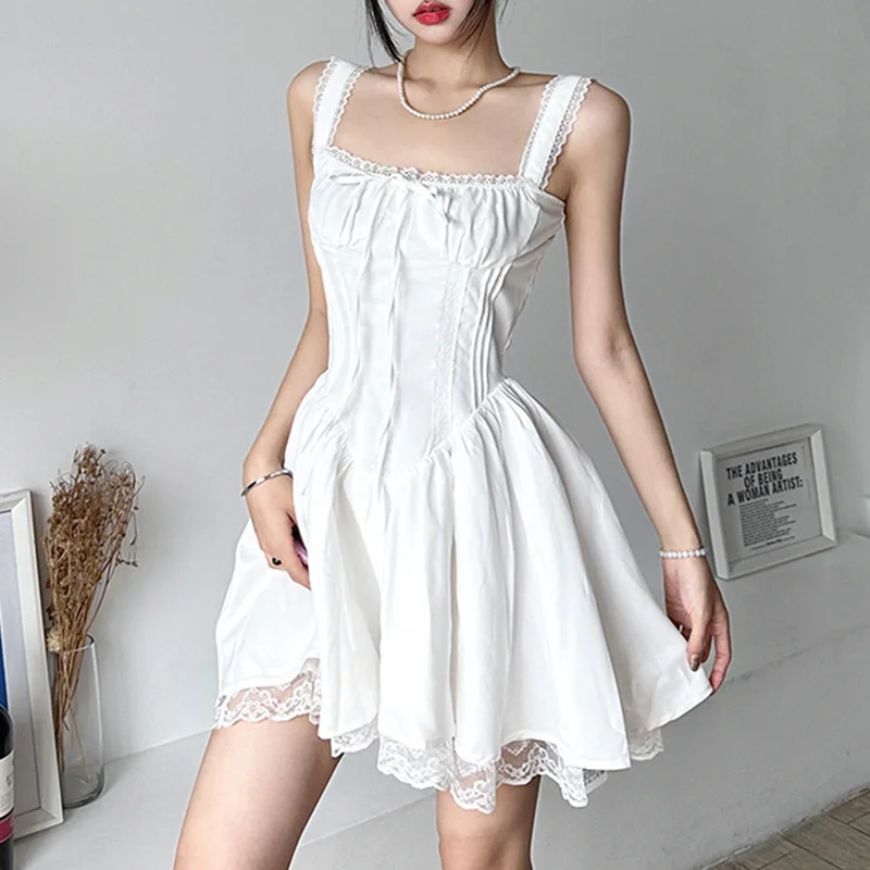 Y2K Lace Panel A-line Dress - White Coquette Party Mini Corset Dress