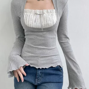 Y2K Lace Patchwork Fake Two-Piece T-Shirt - Fairycore Flare Long Sleeve Grey Top