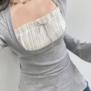 Y2K Lace Patchwork Fake Two-Piece T-Shirt - Fairycore Flare Long Sleeve Grey Top