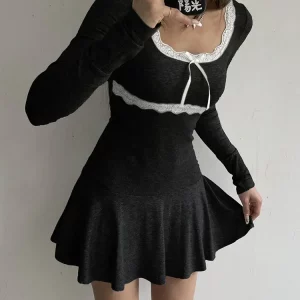 Y2K Lace Patchwork Knitted Mini Dress - Sweet Bow Bodycon Pleated Casual Style