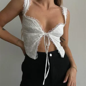 Y2K Lace Ruffle Trim White Tank Top - Chic Street Party Crop Top