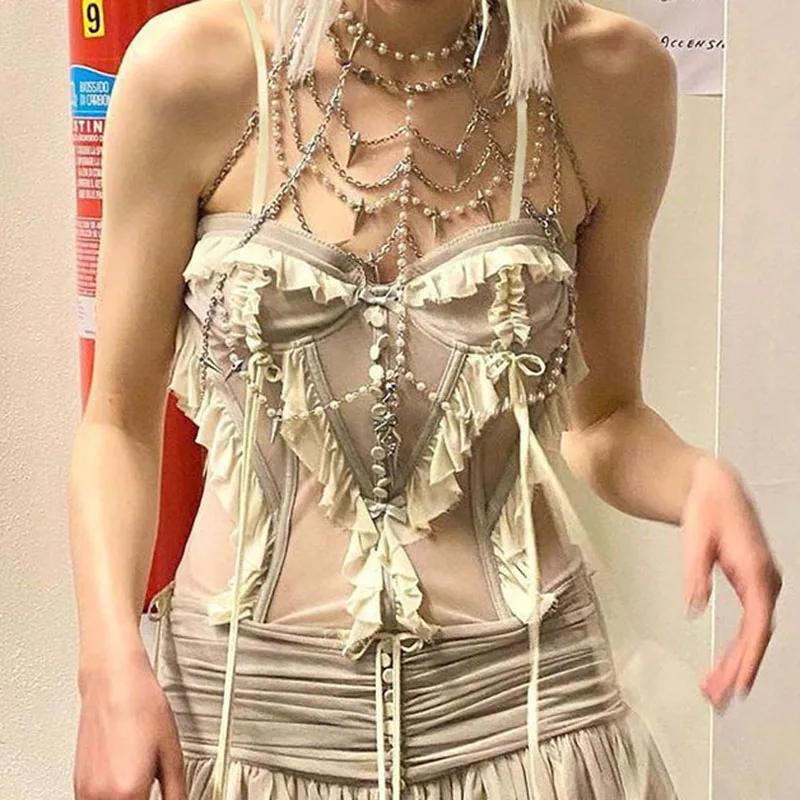 Y2K Lace Ruffles Crop Top - Grey Fairycore Balletcore Mini Vest - Chic Summer Party Holiday Camisole