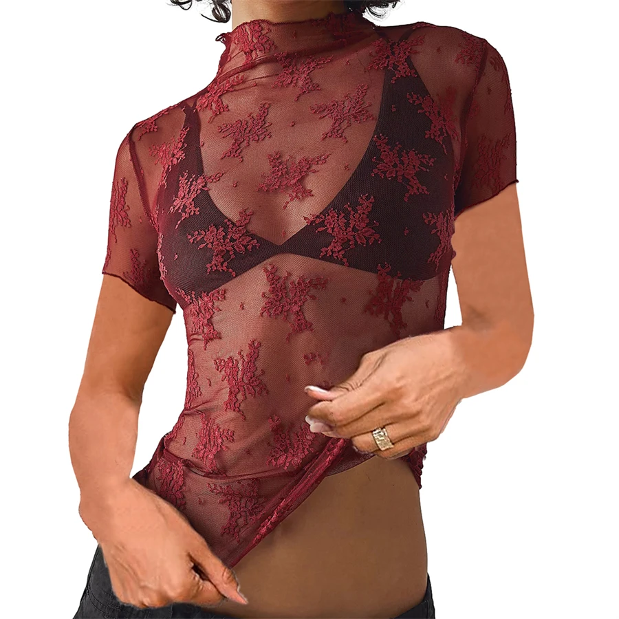 Y2K Lace Sheer T-shirt: Sheer Short Sleeve Slim Fit Clubwear