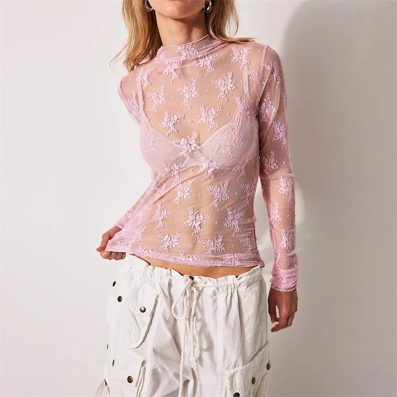 Y2K Lace Sheer Turtleneck Top - Hollow Out Long Sleeve Shirt