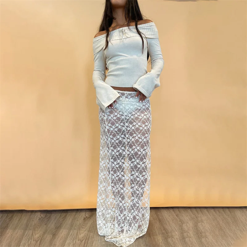 Y2K Lace Skirt - White Hollow Out Low Waist Straight Long Skirt