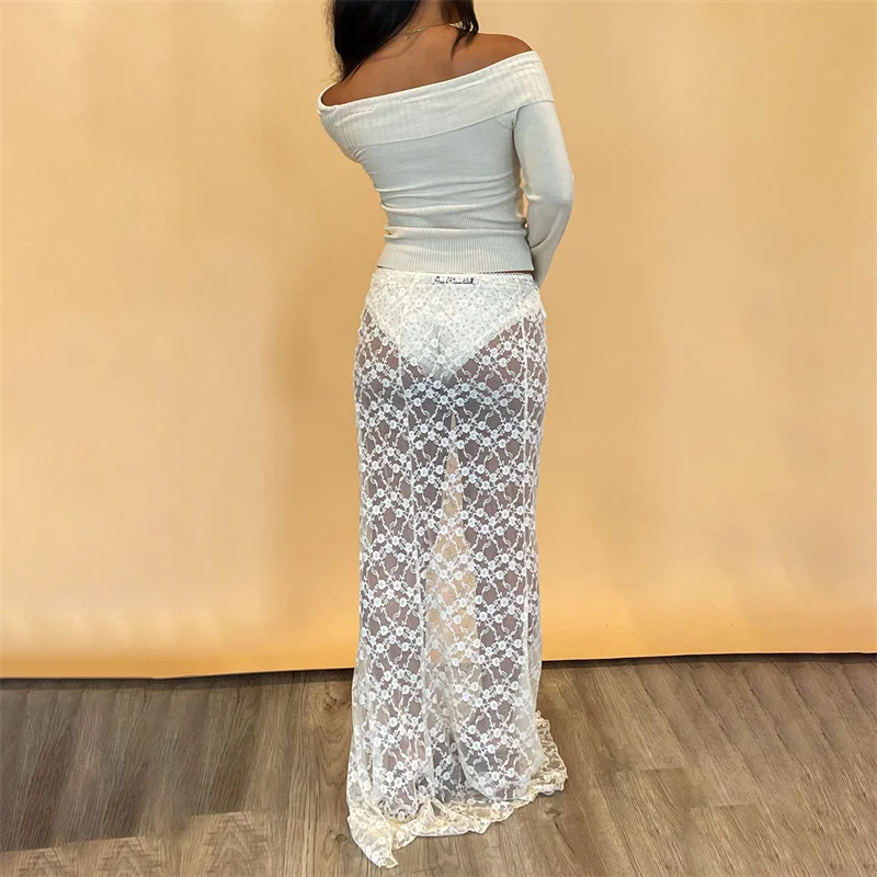 Y2K Lace Skirt - White Hollow Out Low Waist Straight Long Skirt