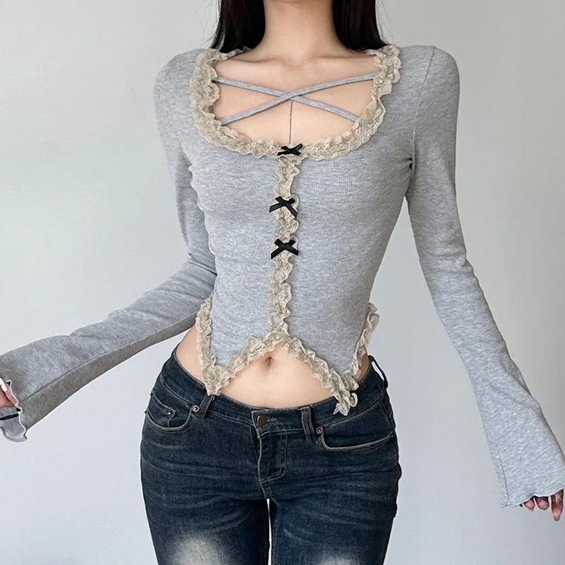 Y2K Lace Square Collar Crop Top Grey Coquette Flare Sleeve Slim-fit Knit Tee