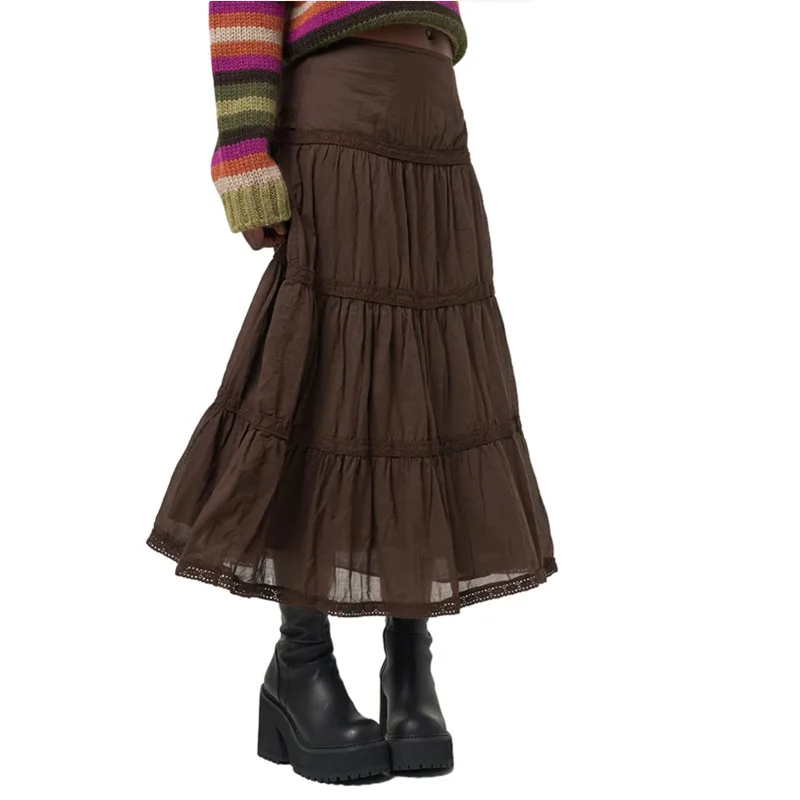 Y2K Lace Stitched Pleated Skirt - Vintage Brown Fairycore Streetwear