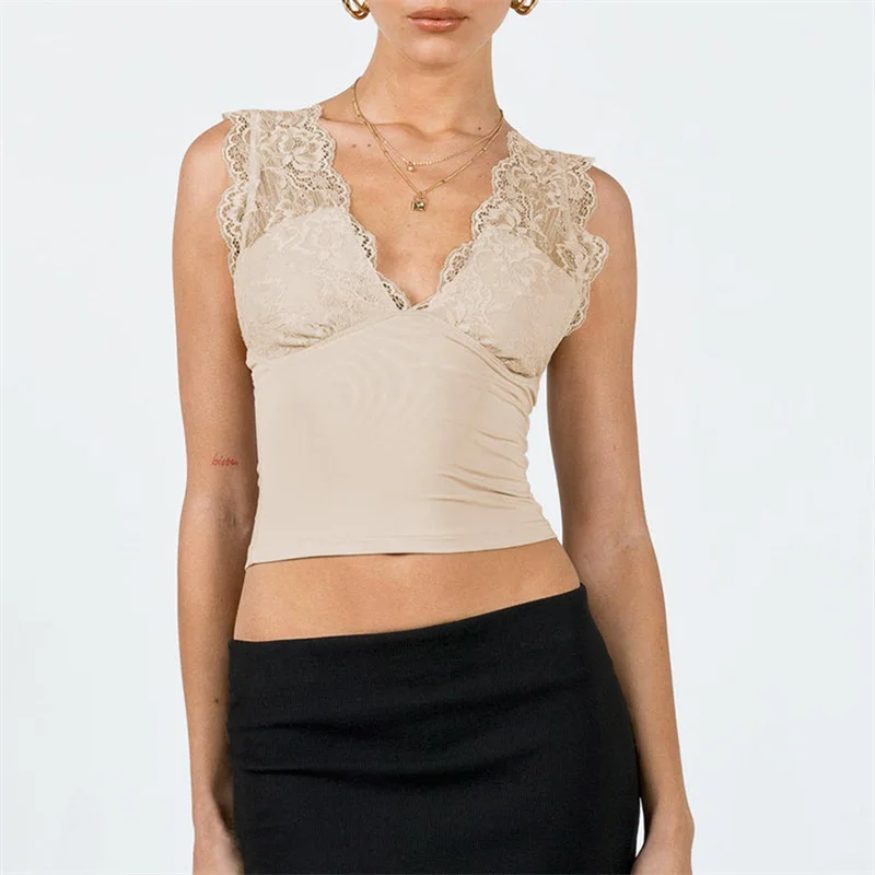 Y2K Lace Tank Top - Sexy V-Neck Sleeveless Backless T-Shirt - Summer Streetwear