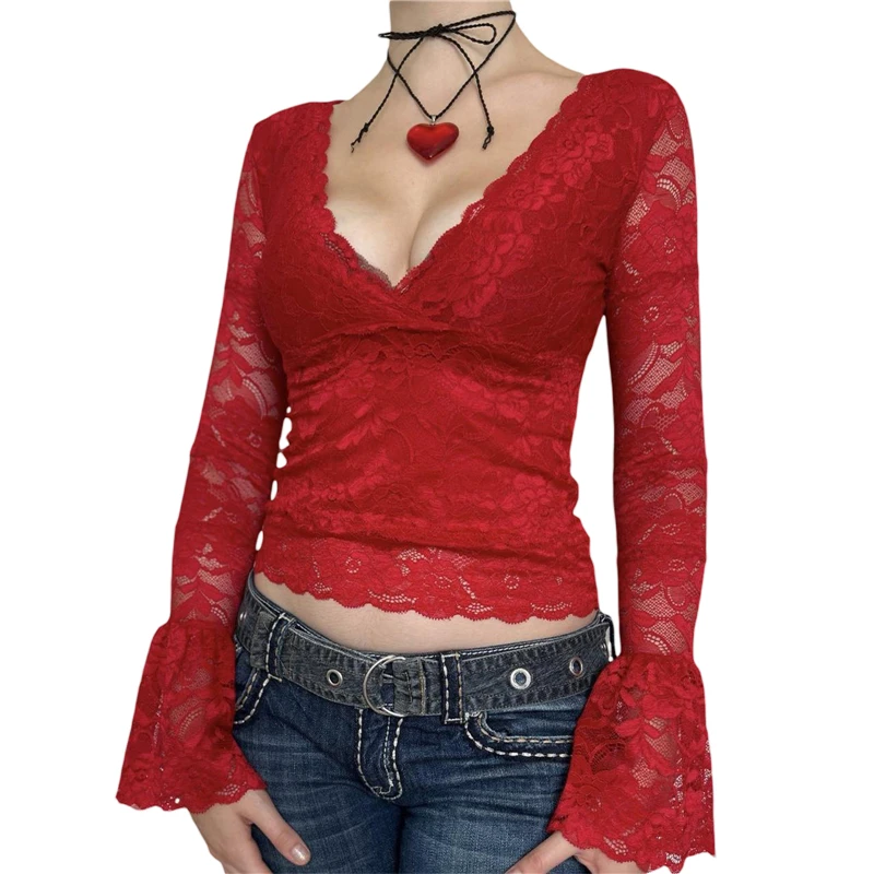 Y2K Lace Top: Grunge Fairy Aesthetic V-Neck Long Sleeve Shirt