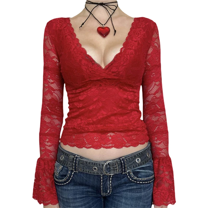 Y2K Lace Top: Grunge Fairy Aesthetic V-Neck Long Sleeve Shirt