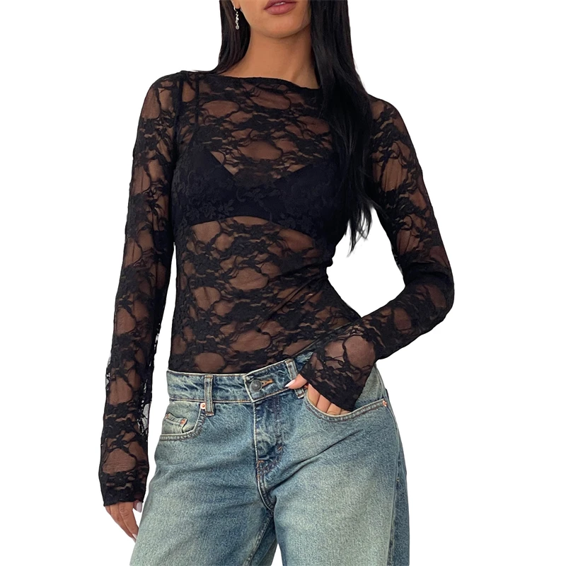 Y2K Lace Top: Sheer Round Neck Long Sleeve Backless T-Shirt - 2000s Aesthetic Streetwear