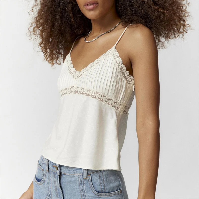 Y2K Lace Trim Cami Top: Floral Embroidery Adjustable Spaghetti Strap Sleeveless Backless -