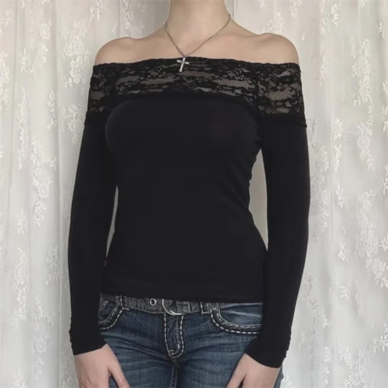 Y2K Lace Trim Crop Top - Fairycore Off-Shoulder Long Sleeve Tee