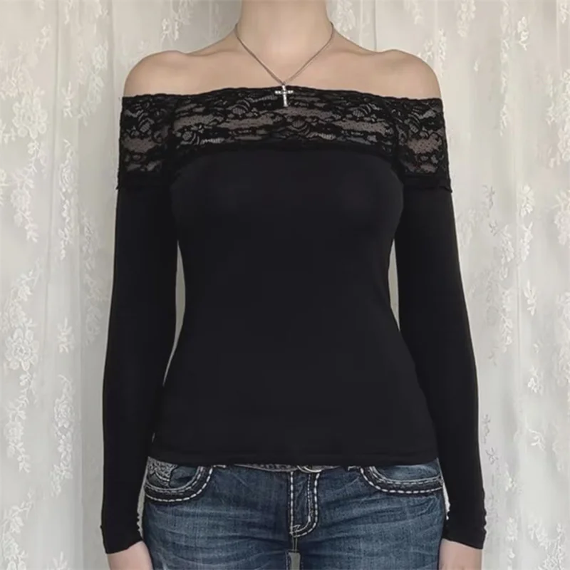 Y2K Lace Trim Crop Top - Fairycore Off-Shoulder Long Sleeve Tee