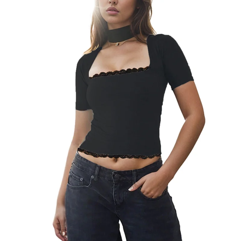 Y2K Lace Trim Crop Top - Fairycore Square Collar T-Shirt