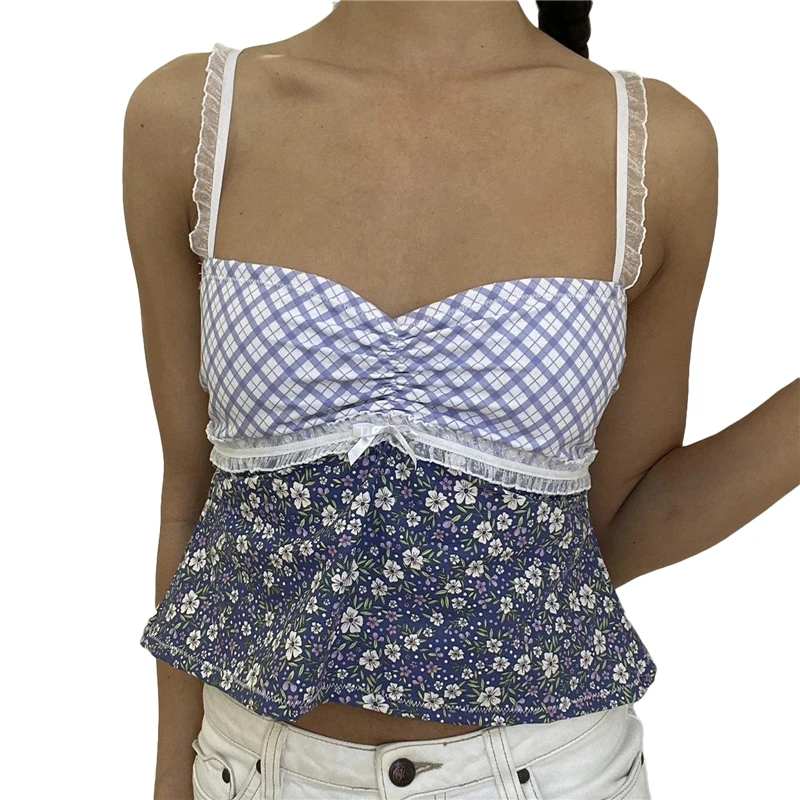 Y2K Lace Trim Crop Top - Floral Patchwork Spaghetti Strap Backless Tank