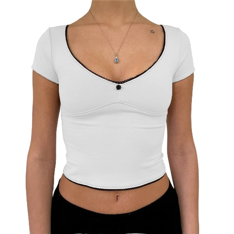 Y2K Lace Trim Crop Top - Scoop Neck Short Sleeve Slim Fit Shirt