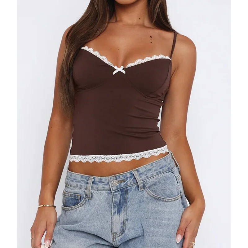 Y2K Lace Trim Crop Top - Sexy V-Neck Spaghetti Strap Sleeveless Tank with Bow - 2000