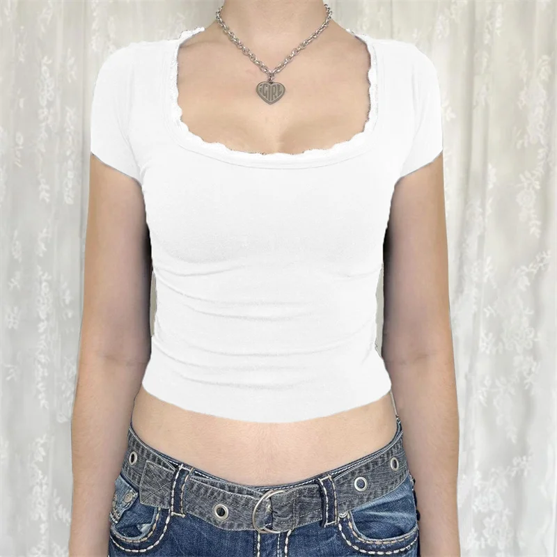 Y2K Lace Trim Crop Top - Solid Color Square Collar Short Sleeve T-Shirt