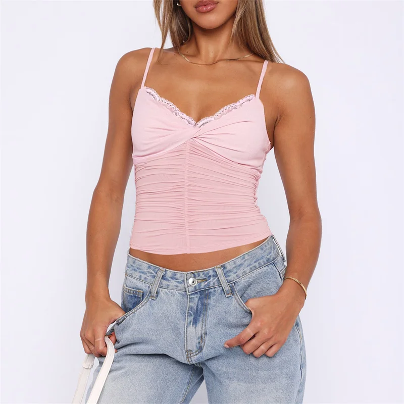 Y2K Lace Trim Crop Top - Solid Color V-Neck Spaghetti Strap Camisole