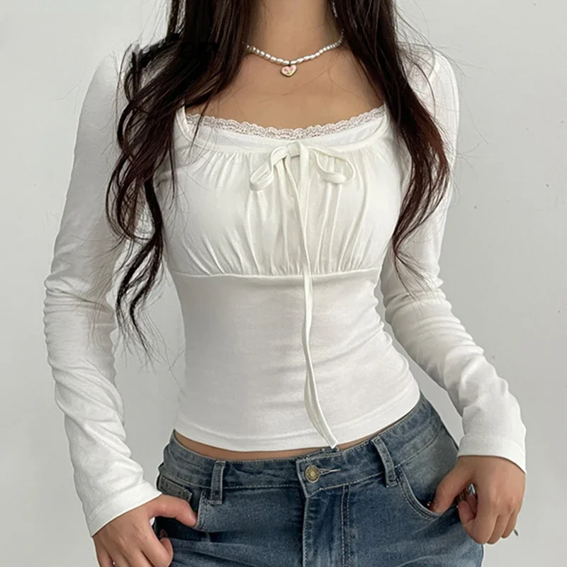 Y2K Lace Trim Crop Top - Vintage Square Collar T-Shirt