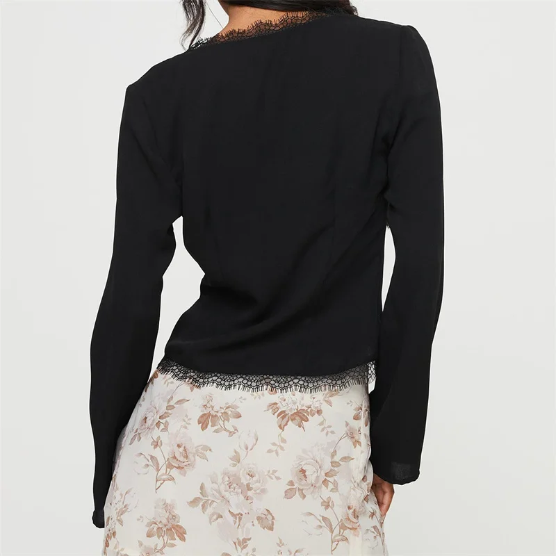 Y2K Lace Trim Crop Top: Black Long Sleeve Tie-Up Blouse - Grunge Streetwear