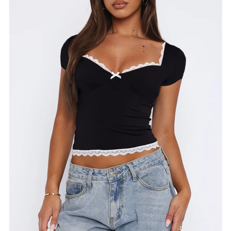 Y2k Lace Trim Crop Top Women Sweetheart Neck Short Bow Coquette Aesthetic Clothes 2000s Streetwear