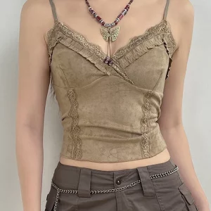 Y2K Lace Trim Mini Vest Spaghetti Strap Crop Top - Khaki Vintage Harajuku Chic Camis