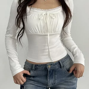 Y2K Lace Trim Ruched Tie-Up T-Shirt for Women