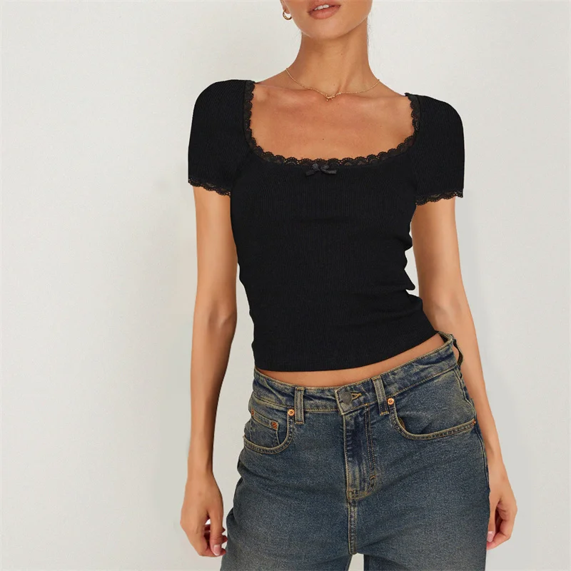 Y2K Lace Trim Square Collar Ribbed Top - Women's Streetwear