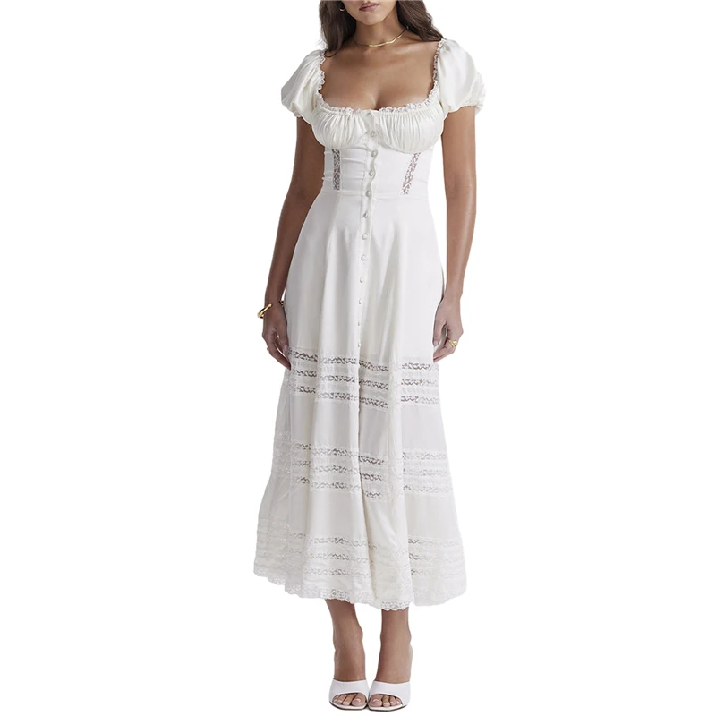 Y2K Lace Trim Square Neck Smocked Hollow Out Flowy Dress - Streetwear