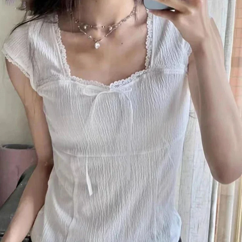 Y2K Lace Trim Square Neck Women's T-shirt - Cutecore Sweet Slim Fit