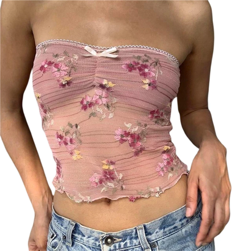 Y2K Lace Trim Tube Top: Flower Embroidery Bandeau Tank