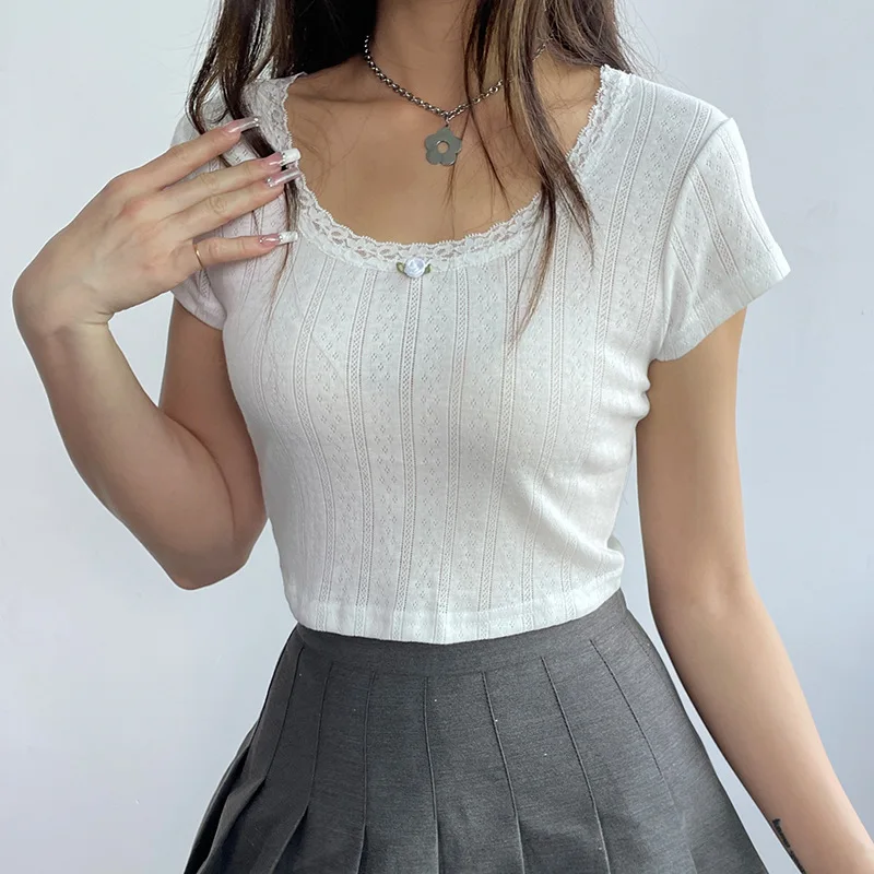 Y2K Lace Trim White T-Shirt - Sweet Korean Fashion - Casual Summer Tee