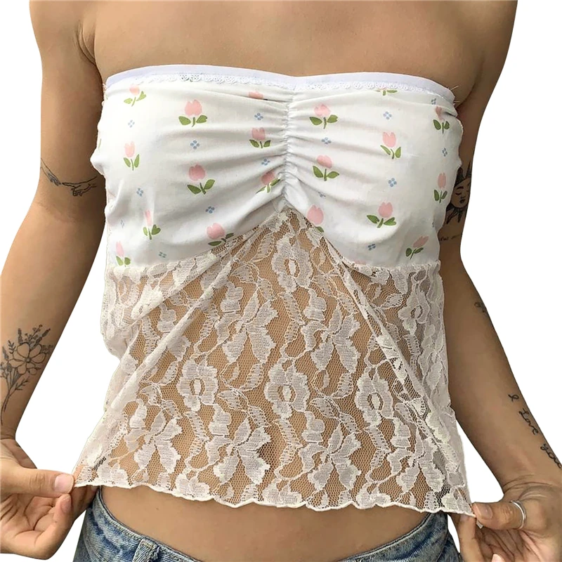 Y2K Lace Tube Top: Floral Off-Shoulder Bandeau Vest