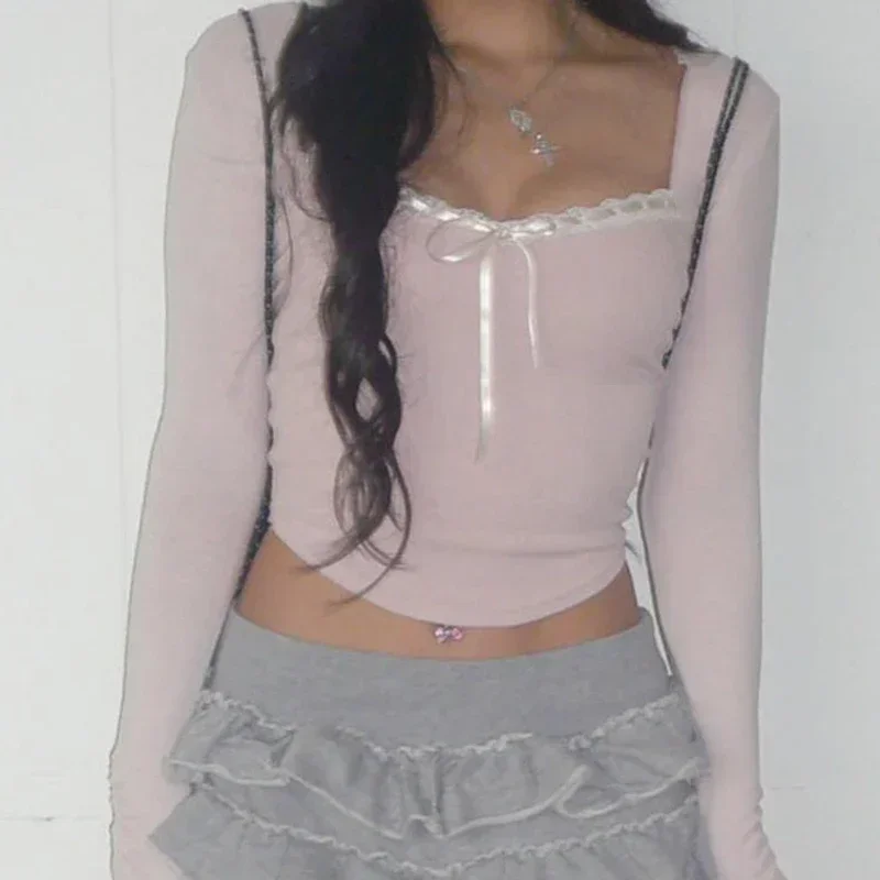 Y2K Lace-Up Bow Cropped Top - Pink Coquette Aesthetic Knitted Tee