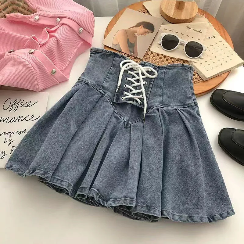 Y2K Lace-Up Denim Pleated Skirt - High Waist A-Line Jean - Harajuku Preppy Mini -