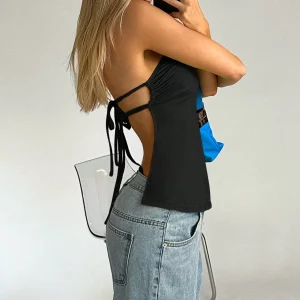 Y2K Lace-Up Halter Top: Women's Solid Color Sexy Fashion