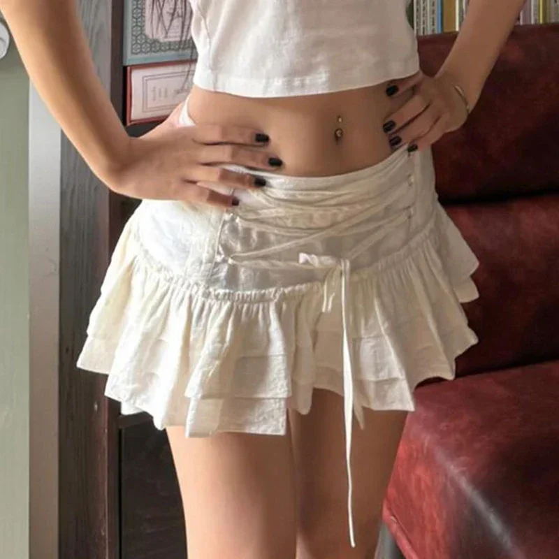 Y2K Lace-up High Waist Mini Skirt - White French Style Criss-cross Holiday A-line Sweet Bottoms