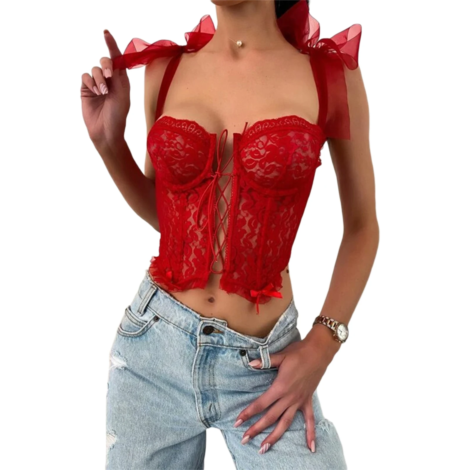 Y2K Lace Wrapped See-Through Corset Top - Sexy Sleeveless Solid Color Strap Closure Tank Top