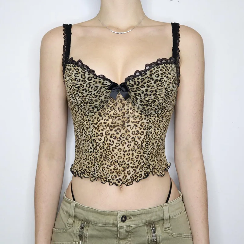 Y2K Leopard Print Crop Top with Lace Detail - Summer Party Clubwear