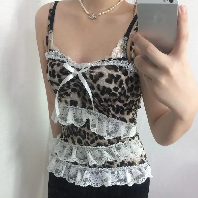 Y2K Leopard Print Lace Ruffle Patchwork Camis Brown Coquette Aesthetic Slim-fit Bow Tank Top