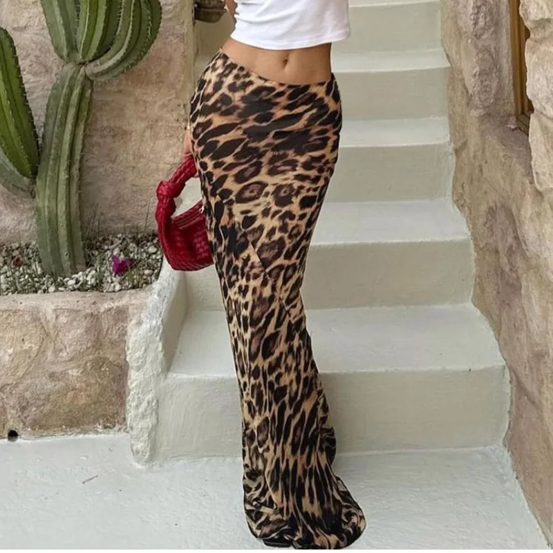 Y2K Leopard Print See-Through Skirt - Vintage Lace 2024 Spring Chic High Waist Slim Fit