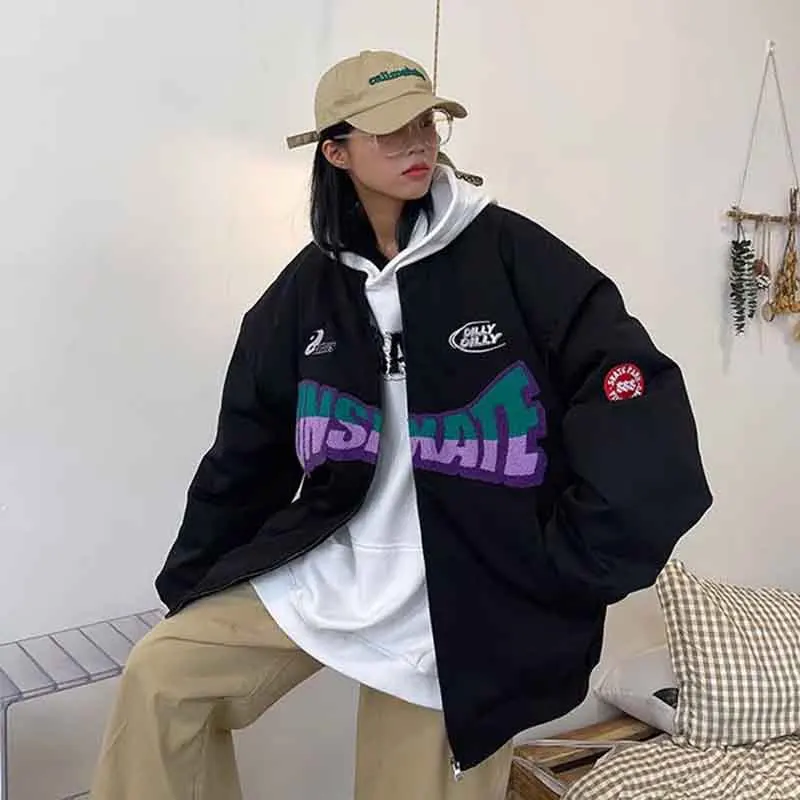 Y2K Letter Embroidery Puffer Jacket - Winter Warm Oversize Zipper Parka Coat