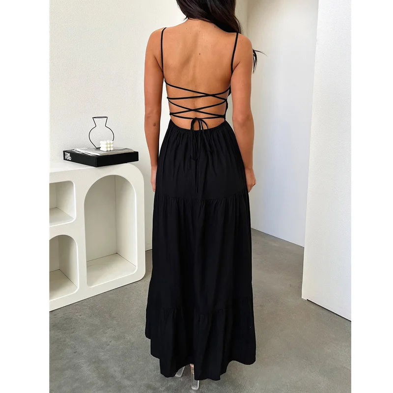 Y2K Long Dress: Solid Color Tie-Up Spaghetti Strap Backless Loose Dress