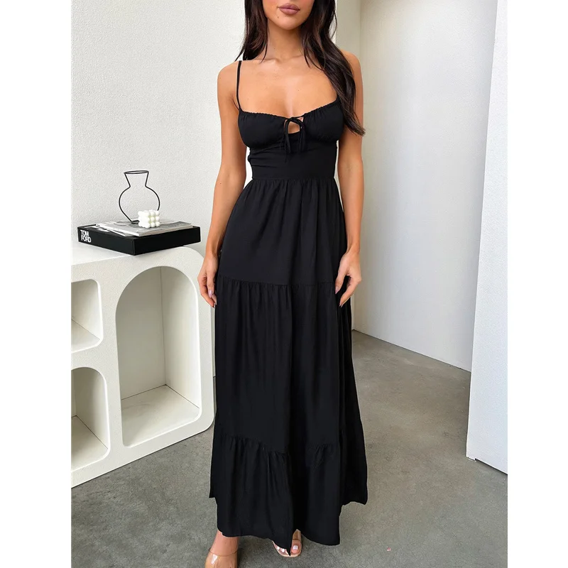 Y2K Long Dress: Solid Color Tie-Up Spaghetti Strap Backless Loose Dress