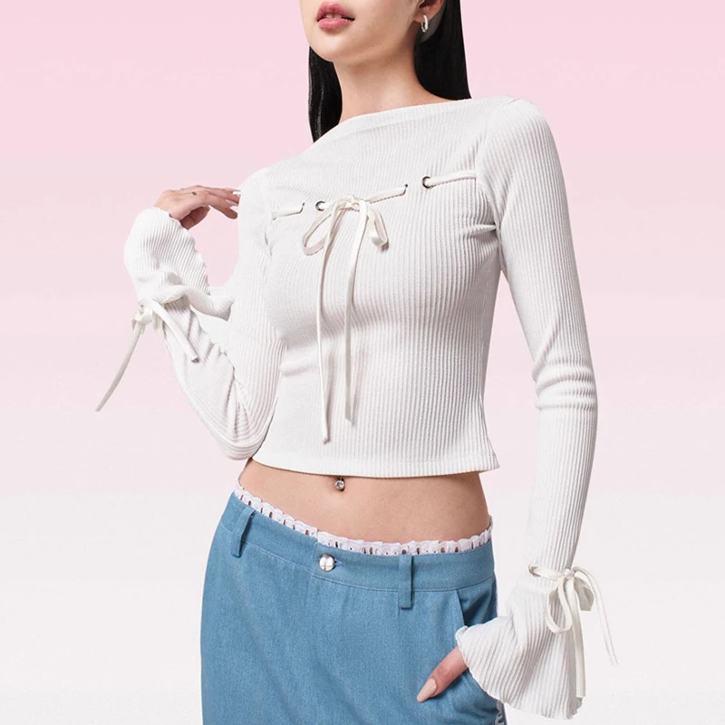 Y2K Long Sleeve Crop Top - Solid Color Flared Bandage Ribbed T-shirt